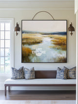 Aesthetic Blue River Landscape Art Large Square Textured Canvas Oil | ArtExplore