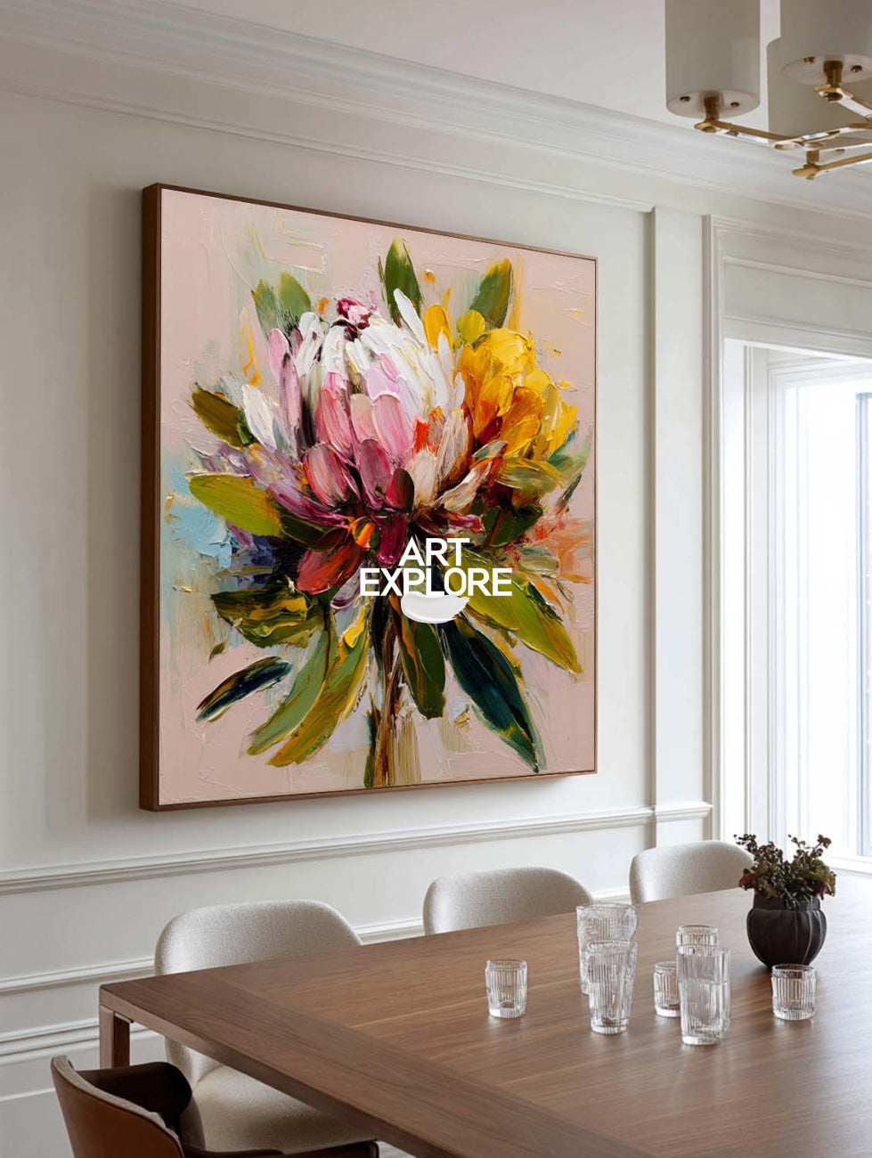 Aesthetic Square Lotus Wall Art, Large Colorful Bloom Painting for SOHO Space ArtExplore