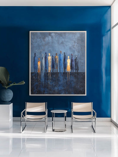 ArtExplore Blue People Silhouette Painting – Large Modern Abstract Art for Minimalist Home Interiors