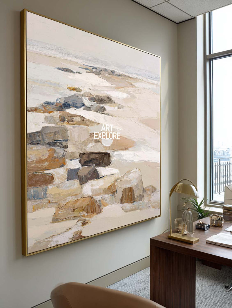 ArtExplore Brown Rock Seascape | Handmade Square Canvas for Large Bedroom or Lounge Walls