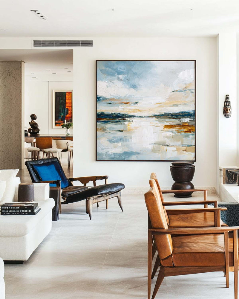ArtExplore Large Handmade Abstract Painting – Serene Minimalist Scenery for Lounge, Bedroom, or Hallway
