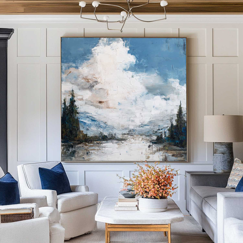 ArtExplore Large Minimalist Blue Ocean Landscape Art – Handmade Textured Coastal Sky Painting