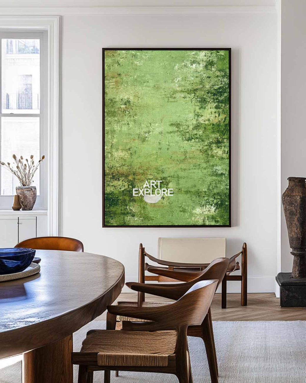 ArtExplore Large Vertical Green Texture Painting, Handmade Minimalist Art