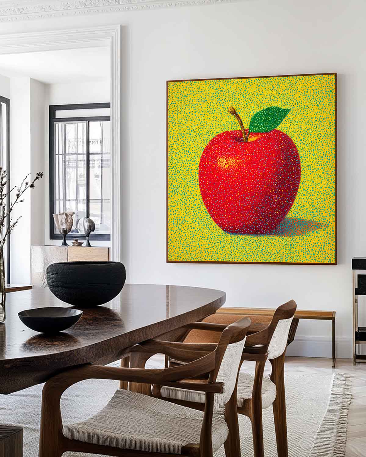ArtExplore Modern Apple Painting – Bold Handmade Wall Art for Large Living Spaces, Vibrant Red and Yellow Pop Art
