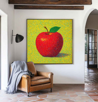 ArtExplore Modern Apple Painting – Bold Handmade Wall Art for Large Living Spaces, Vibrant Red and Yellow Pop Art