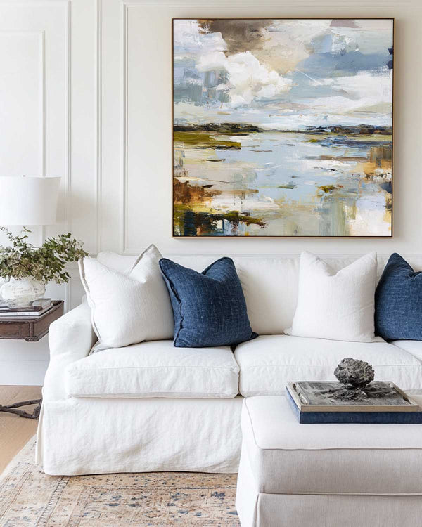 ArtExplore Modern Blue Coastal Landscape Oil Painting – Minimalist Wall Art for Living Room Decor