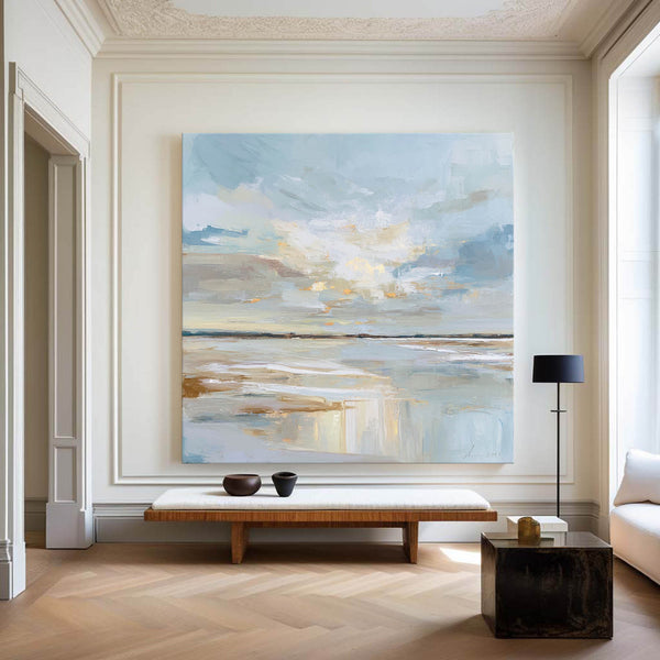 ArtExplore Modern Handmade Landscape Painting – Blue & Neutral Tones for Large Wall Decor