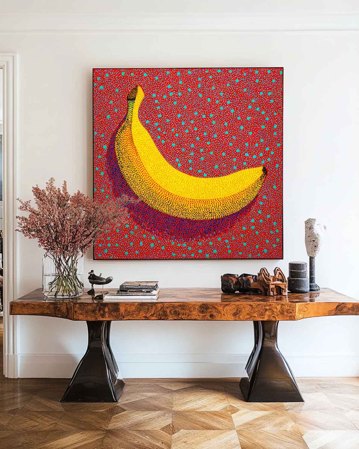 ArtExplore Pop Art Banana Painting – Bold Handmade Yayoi Kusama Wall Art Large Living Room Wall Art