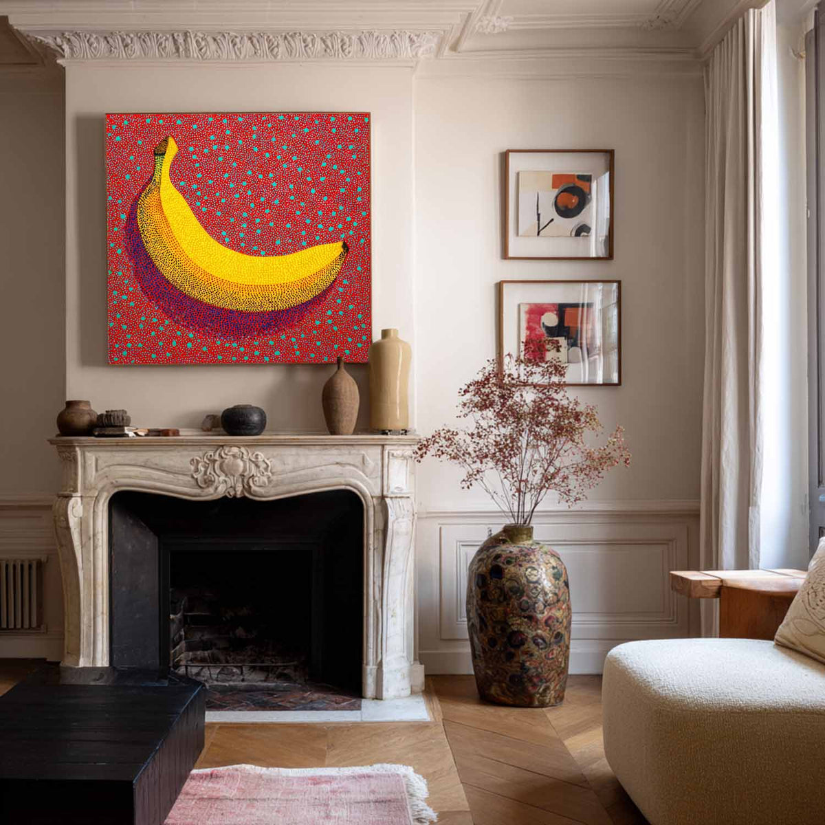 ArtExplore Pop Art Banana Painting – Bold Handmade Yayoi Kusama Wall Art Large Fireplace Wall Art