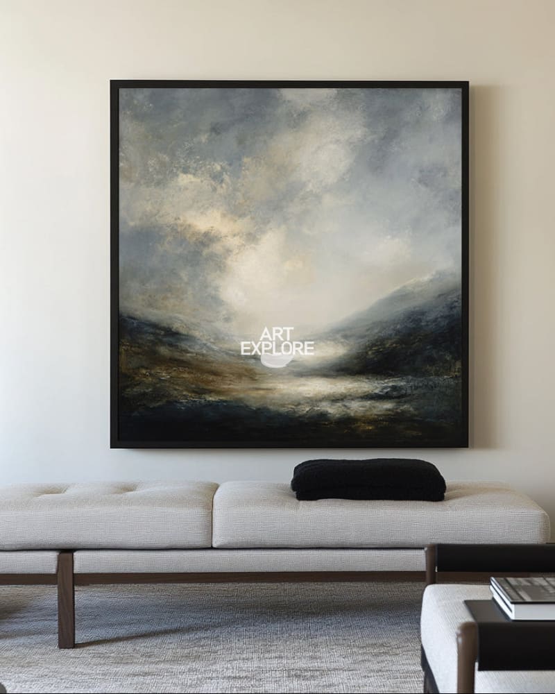 Atmospheric Dawn Lake View Painting | Large Textured Landscape Art Wall Decor