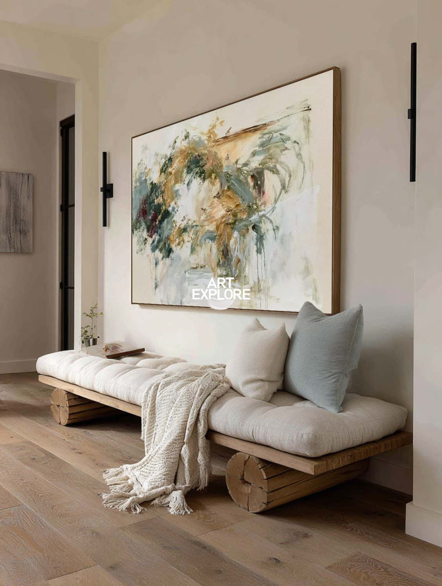 Abstract Beige And Green Canvas Painting With Textured Strokes
