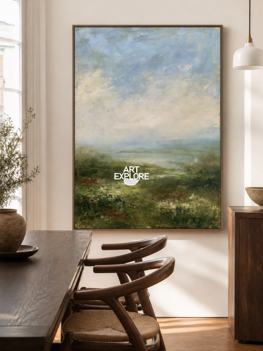 Misty Green Coastal Landscape Hand-Painted Canvas Art For Modern Home