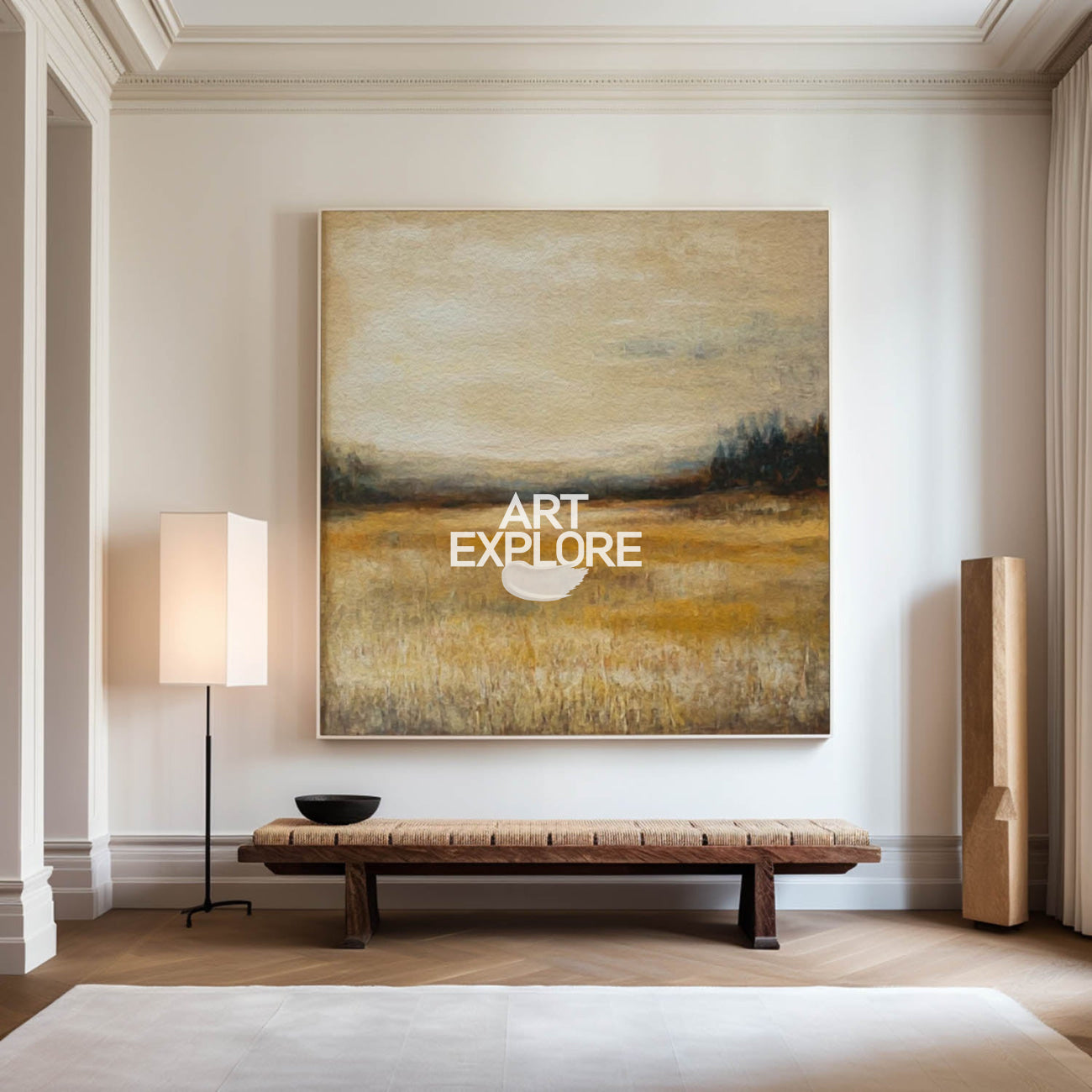 Autumn Fields Painting Landscape Wall Art Deep Beige Fields View Painting Large Art For Livingroom
