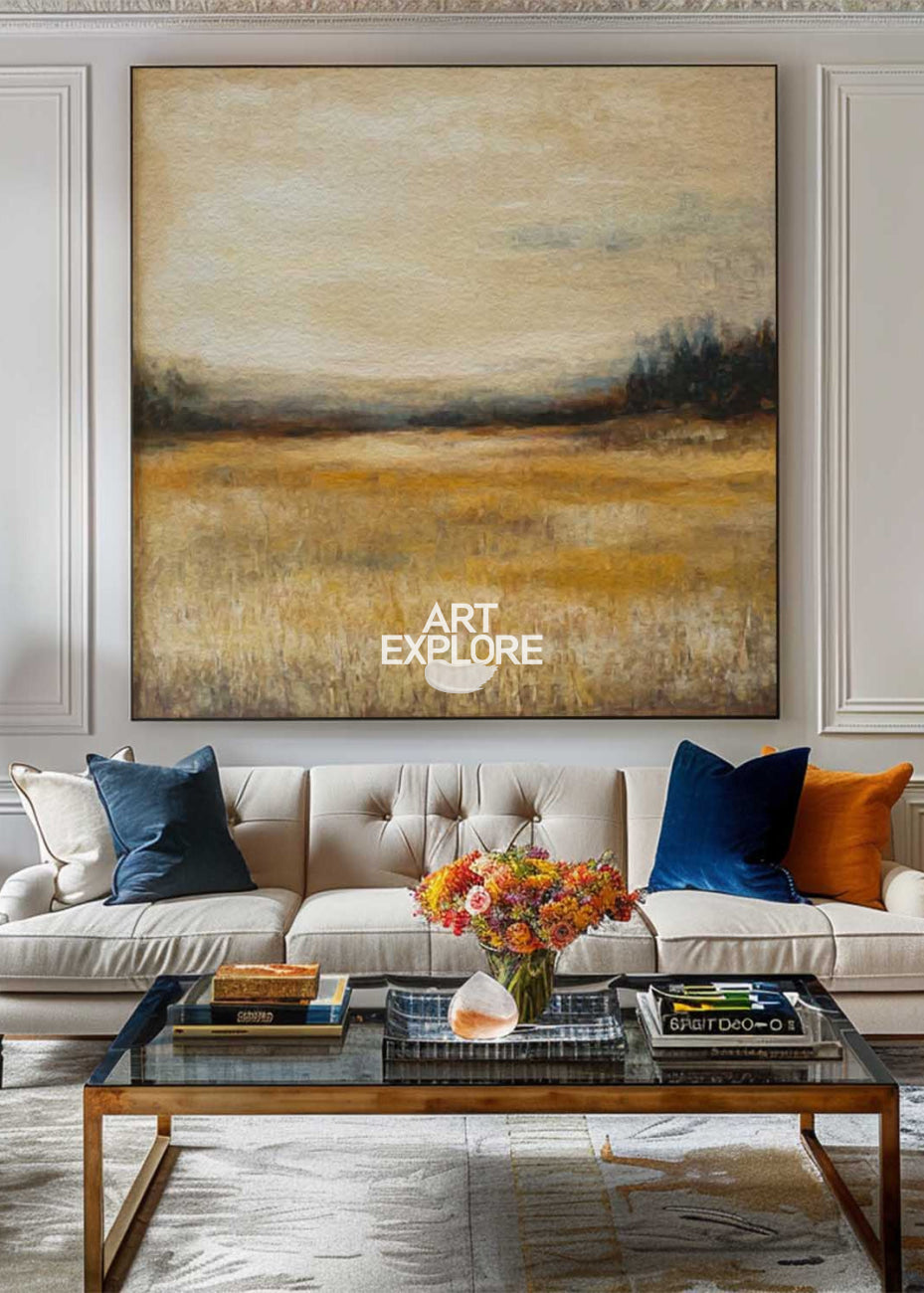 Autumn Fields Painting Landscape Wall Art Deep Beige Fields View Painting Large Art For Livingroom