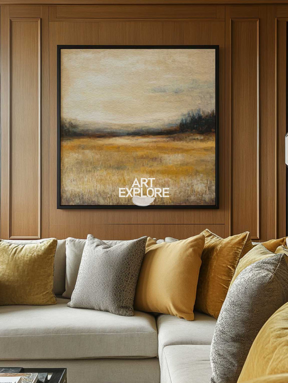 Autumn Fields Painting Landscape Wall Art Deep Beige Fields View Painting Large Art For Livingroom