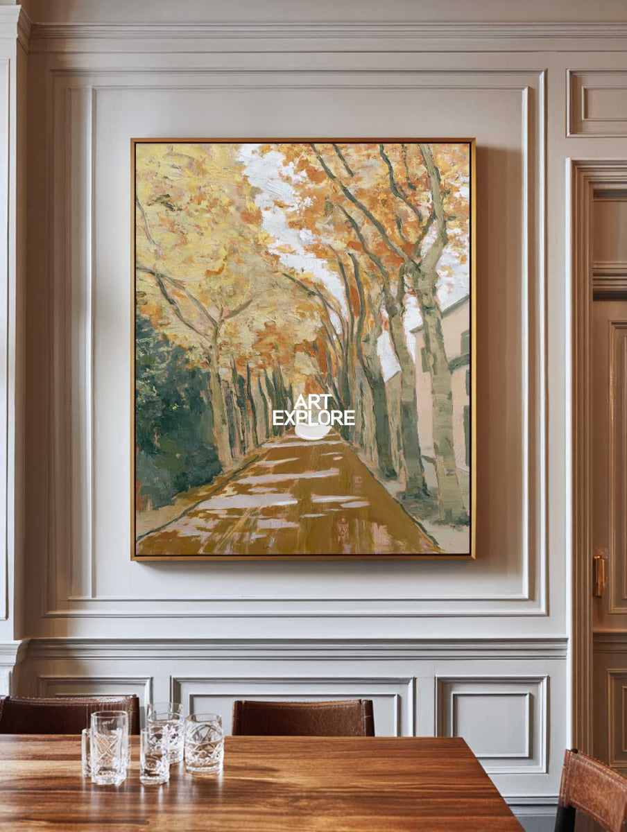 Abstract Tree Landscape Canvas Painting In Warm Gold And Brown Tones