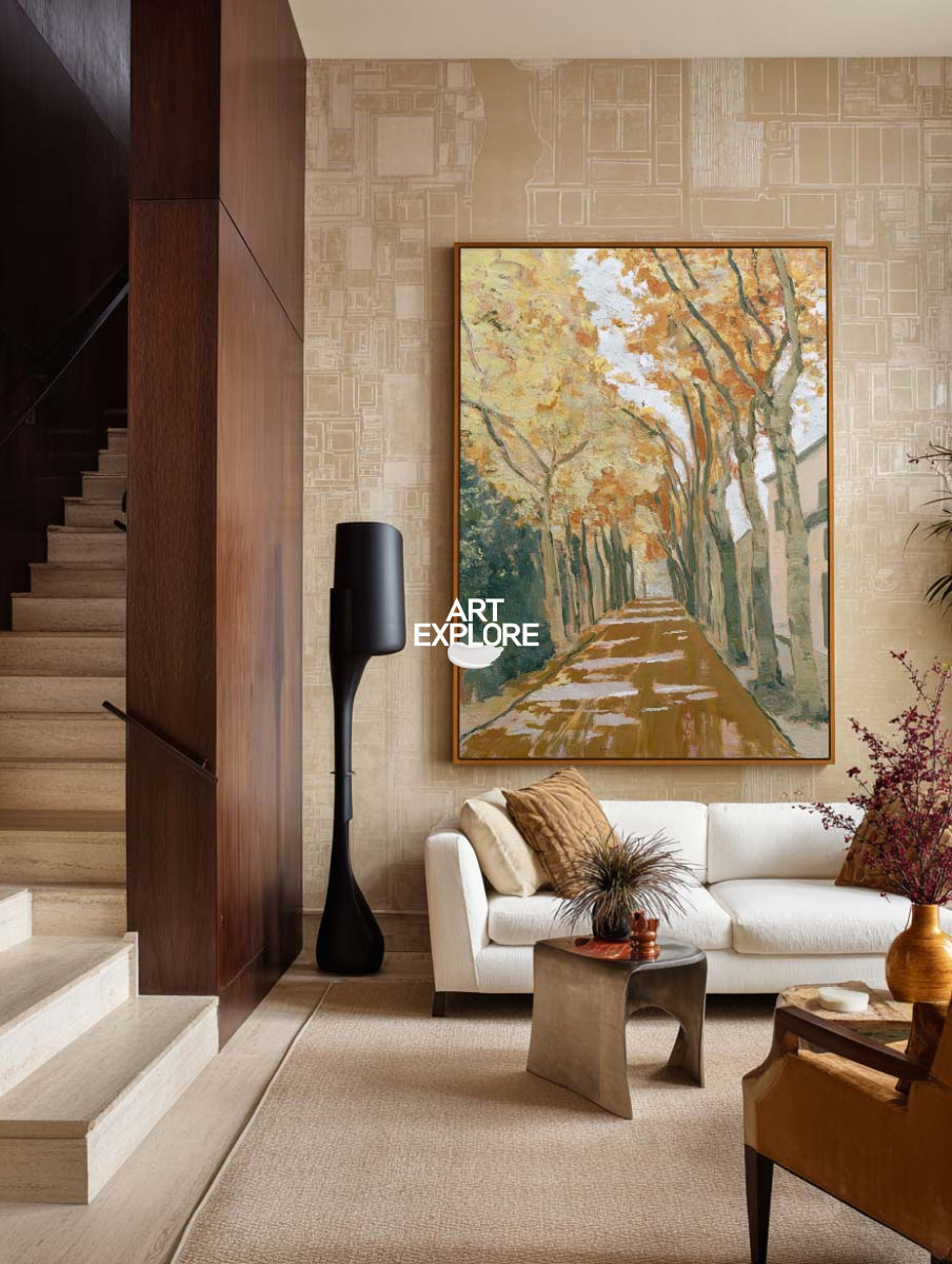 Abstract Tree Landscape Canvas Painting In Warm Gold And Brown Tones