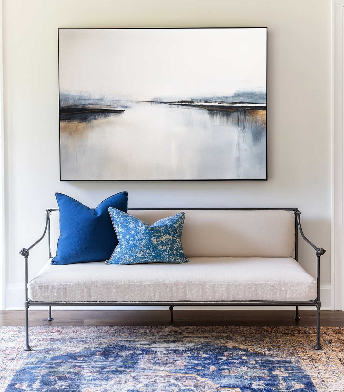 Beautiful Blue And White Sea Horizon Wall Art Modern Seascape Minimalist Abstract Art Painting For Entrance