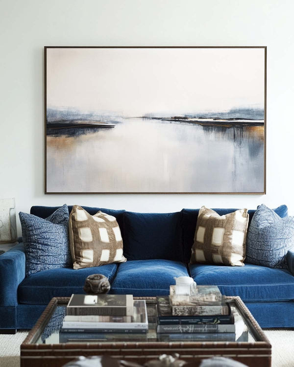 Beautiful Blue And White Sea Horizon Wall Art Modern Seascape Minimalist Abstract Art Painting For Sale 