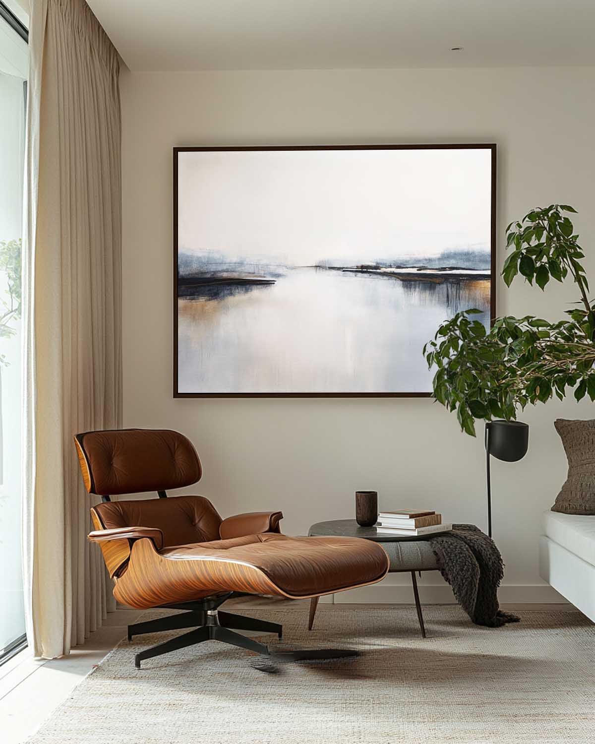 Beautiful Blue And White Sea Horizon Wall Art Modern Seascape Minimalist Abstract Art Painting For Lounge