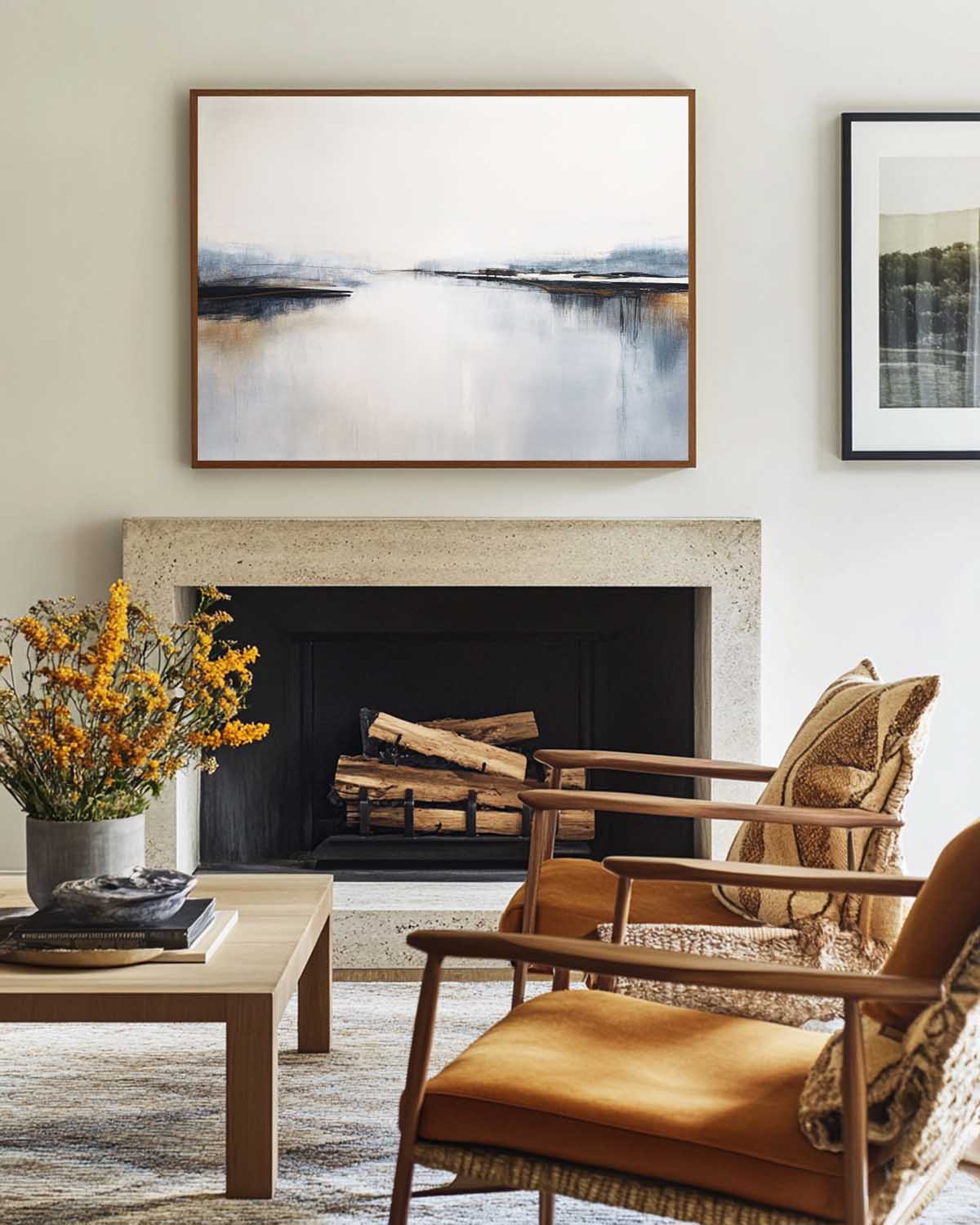 Beautiful Blue And White Sea Horizon Wall Art Modern Seascape Minimalist Abstract Art Painting for Fireplace