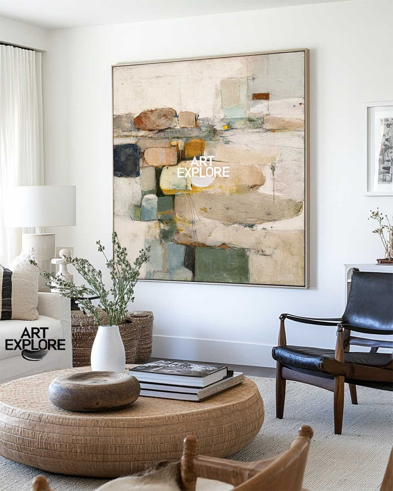 Beige Minimal Wabi-Sabi Texture | Handmade Square Canvas for Large Wall Spaces