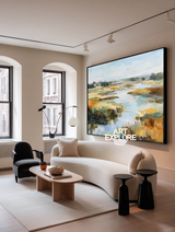 Beige and Blue Lake Painting on Canvas, Minimalist Horizontal Decor – ArtExplore