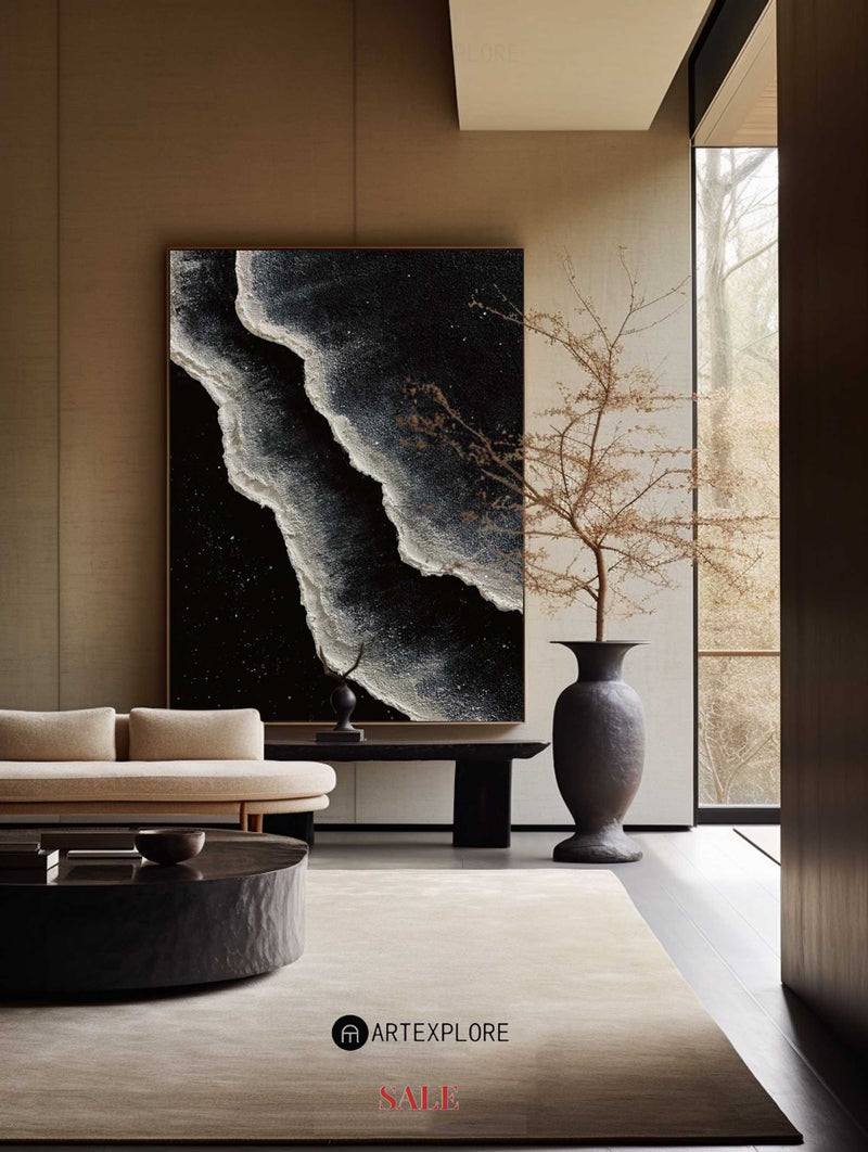 Black And White Wave Painting On Canvas Black Sea Wall Art Painting Plaster Textured Art Painting