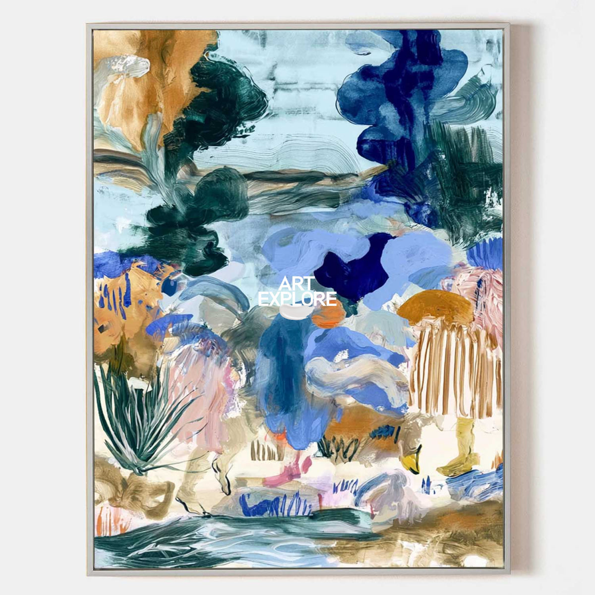 Blue And Green Abstract Canvas Painting Hand-Painted Wall Art With Earthy Tones