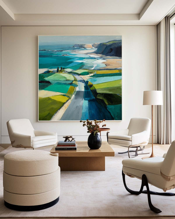 Blue Coastal Wall Art Large Blue Abstract Coastal Landscape Oil Painting For Office, ArtExplore