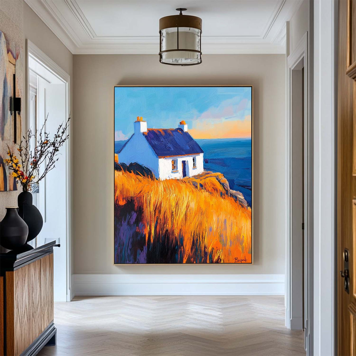 Large Country View Wall Art Blue Landscape Wall Art Modern Fine Art Paintings for Livingroom