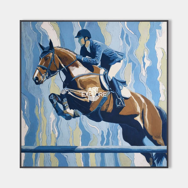Blue Equestrian Oil Painting | Large Horse Racing Wall Art Livingroom Wall Art | Handmade ArtExplore