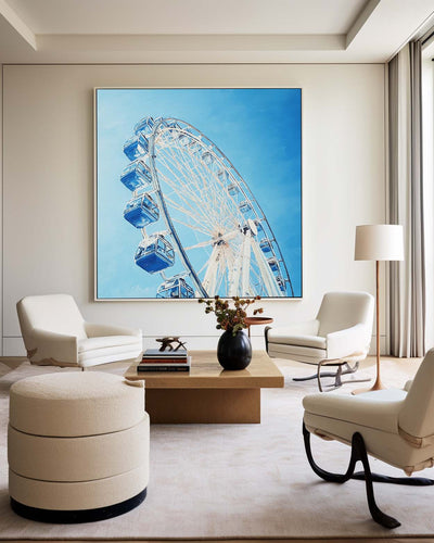 Large Blue Ferris Wheel Art Painting Blue Textured Wall Art Painting Modern Living Room Wall Art 