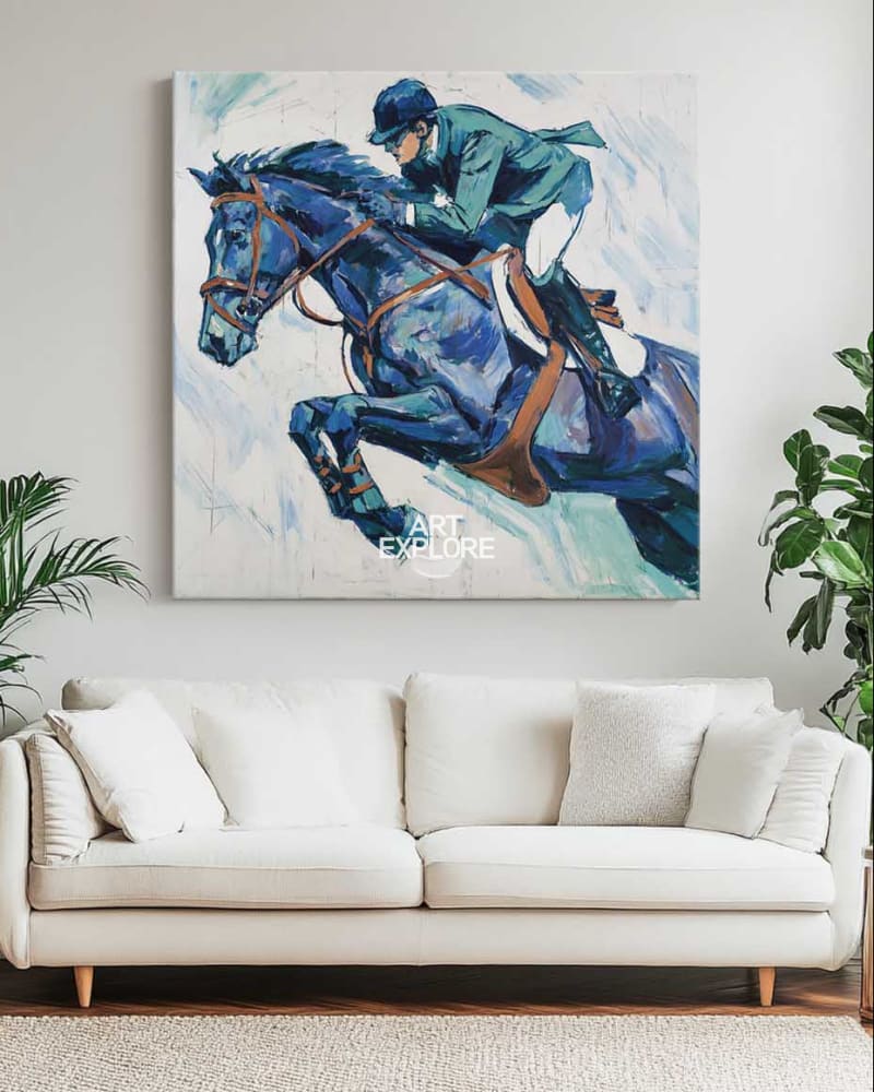 Blue Horse Riding Wall Art | Large Minimalist Equestrian Painting ArtExplore