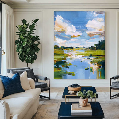 Modern Blue Lake Landscape Painting Large Pond Oil Painting Blue Green Texture Abstract Wall Art
