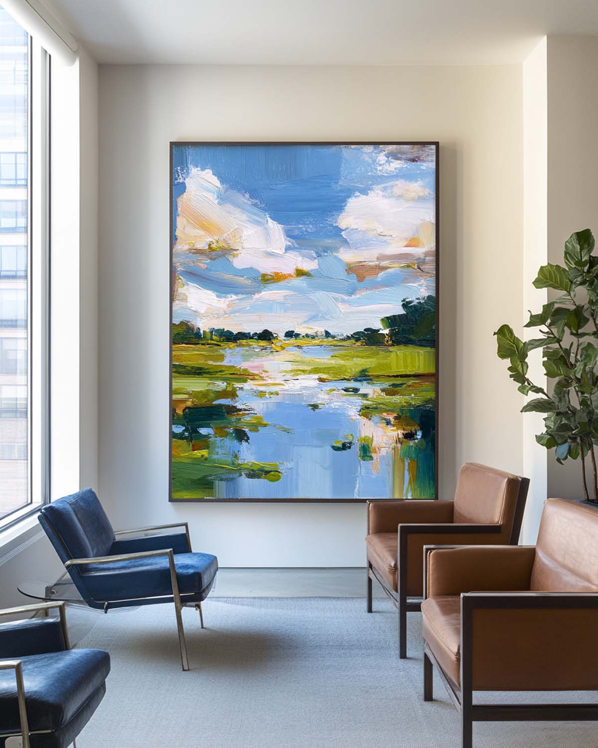 Modern Blue Lake Landscape Painting Large Pond Oil Painting Blue Green Texture Abstract Wall Art