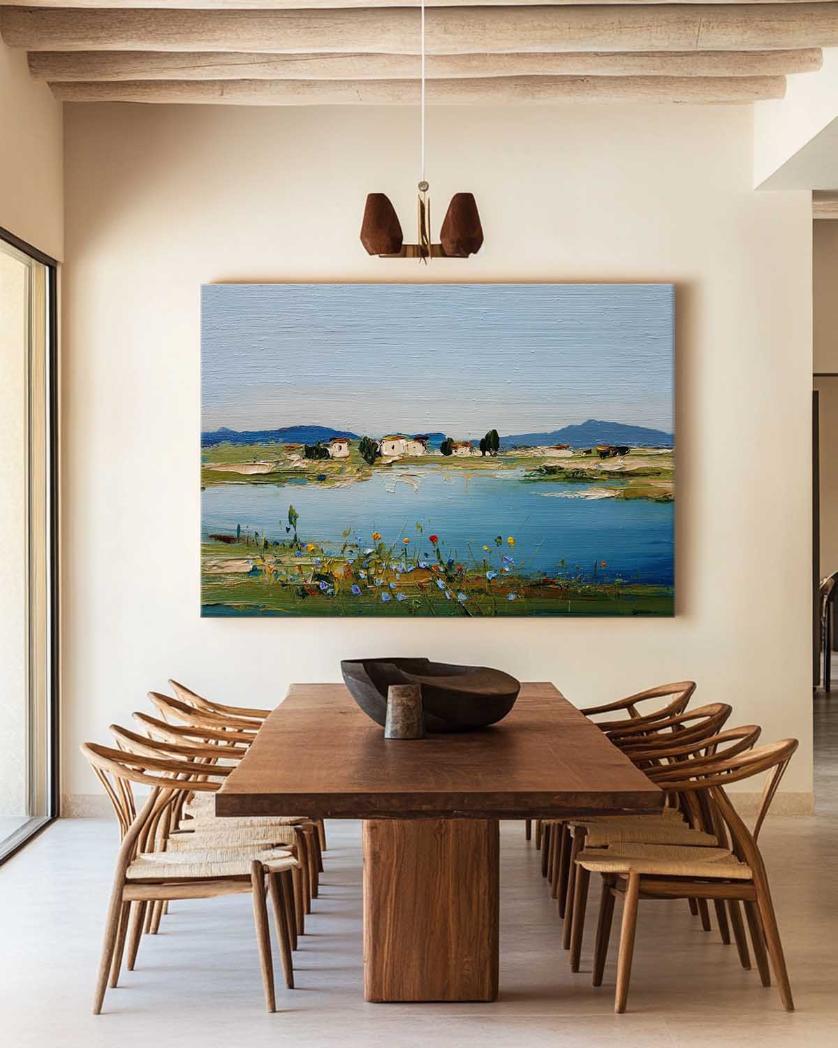 Blue Lake Scenery Painting Large Blue Textured Landscape Wall Art Blue Abstract Wall Art For Sale