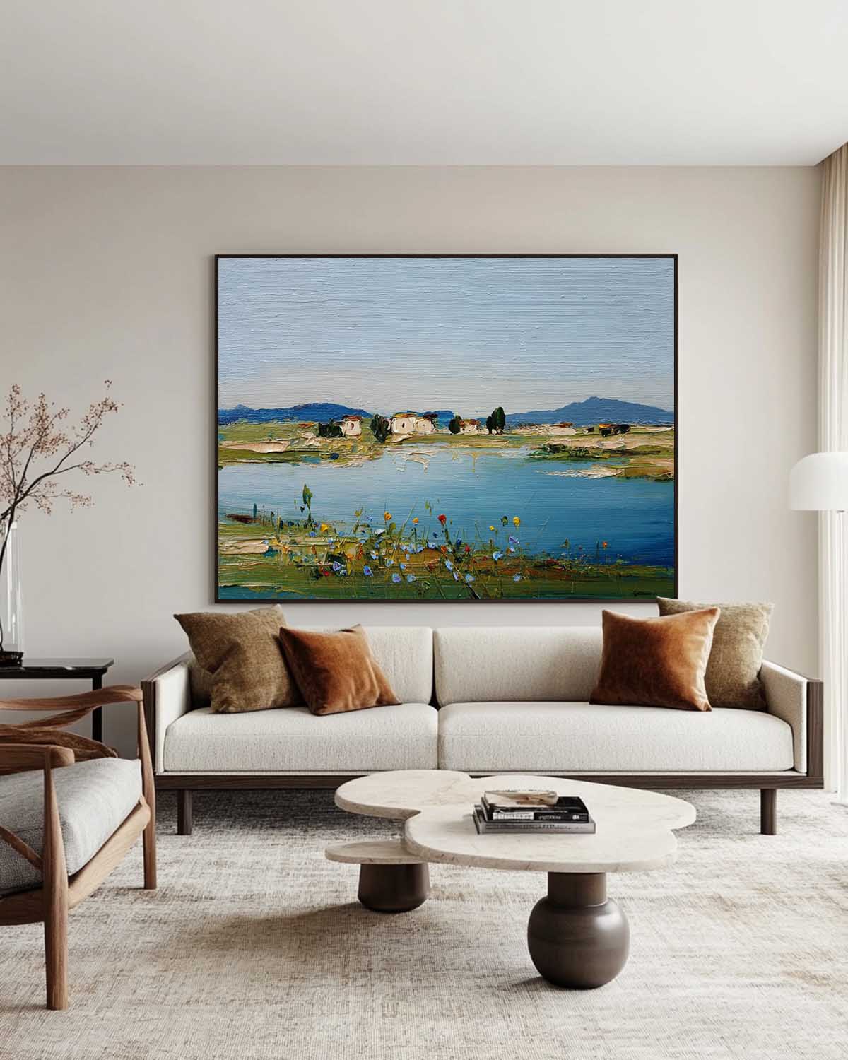 Blue Lake Scenery Painting Large Blue Textured Landscape Wall Art Blue Abstract Wall Art For Sale
