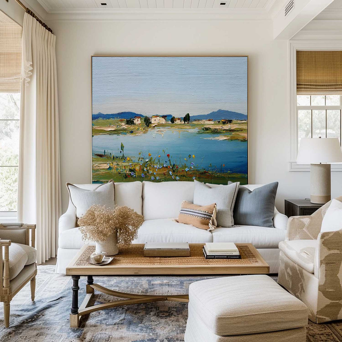 Blue Lake Scenery Painting Large Blue Textured Landscape Wall Art Blue Abstract Wall Art For Sale