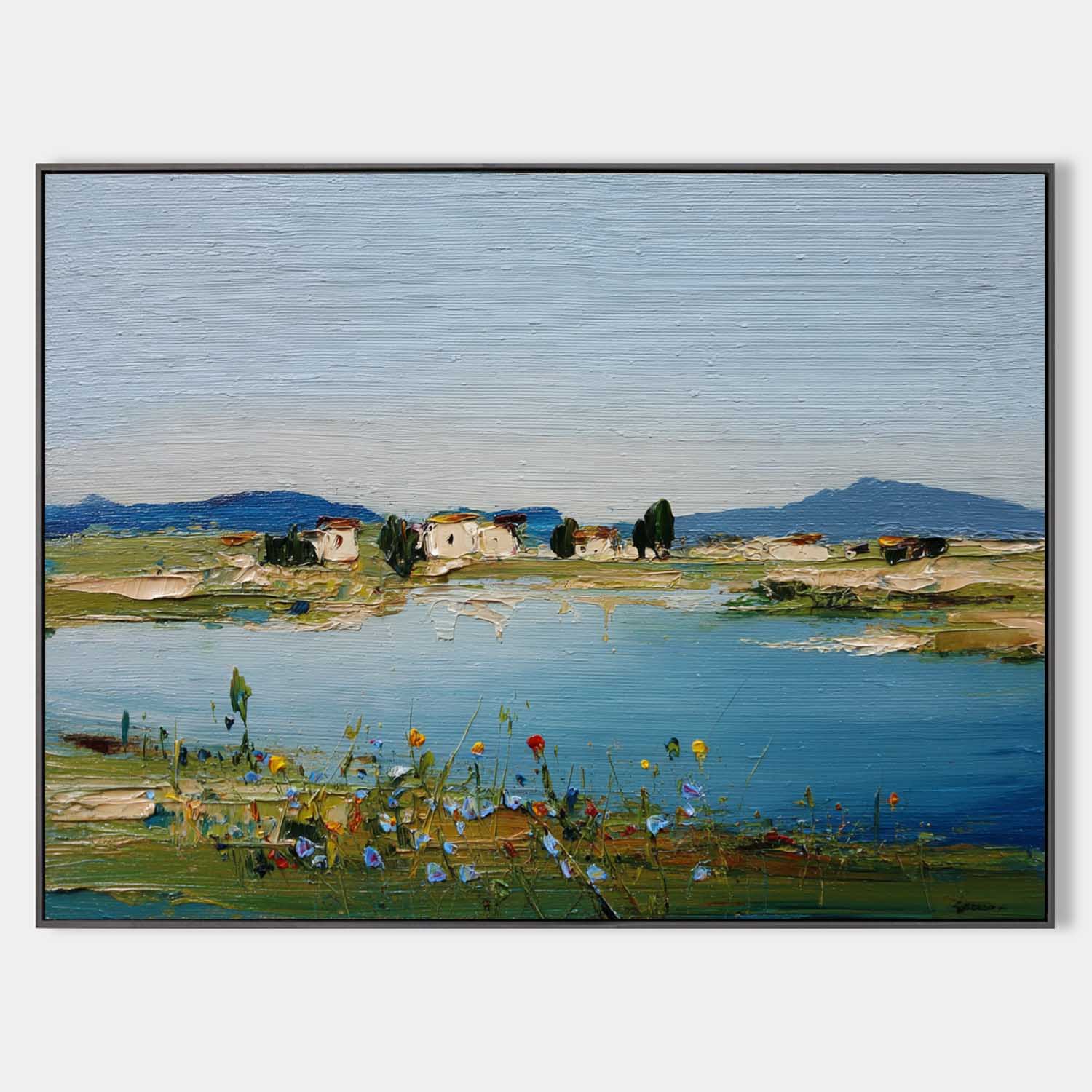 Blue Lake Scenery Painting Large Blue Textured Landscape Wall Art Blue Abstract Wall Art For Sale