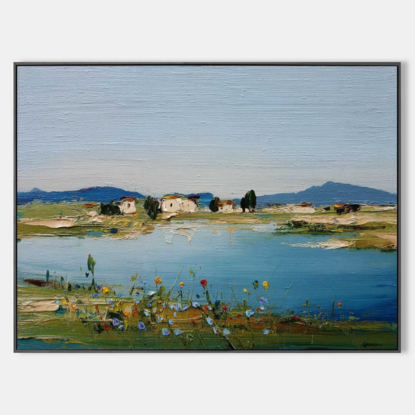 Blue Lake Scenery Painting Large Blue Textured Landscape Wall Art Blue Abstract Wall Art For Sale