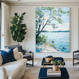 Modern Blue Lake View Painting Large Landscape Painting Blue Textured Lake Wall Art for Sale