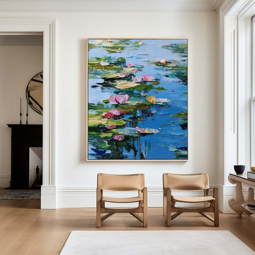 Blue Lotus Wall Art Painting Lage Water Lily Impressionist Painting Blue Texture Wall Art for Sale