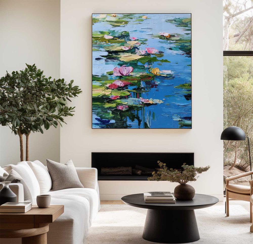 Blue Lotus Wall Art Painting Lage Water Lily Impressionist Painting Blue Texture Wall Art for Sale