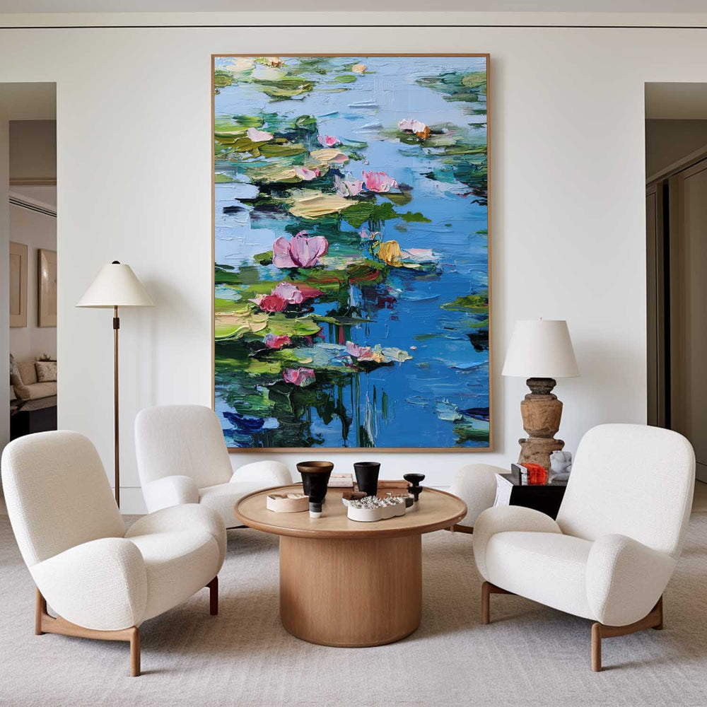 Blue Lotus Wall Art Painting Lage Water Lily Impressionist Painting Blue Texture Wall Art for Sale