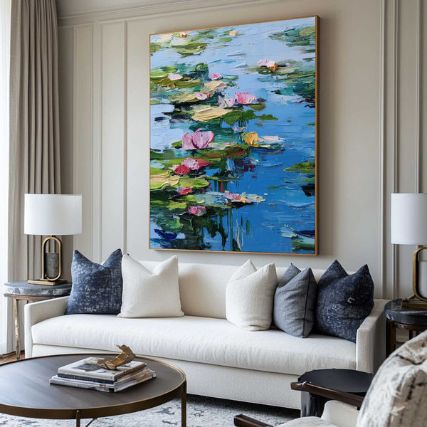 Blue Lotus Wall Art Painting Lage Water Lily Impressionist Painting Blue Texture Wall Art for Sale