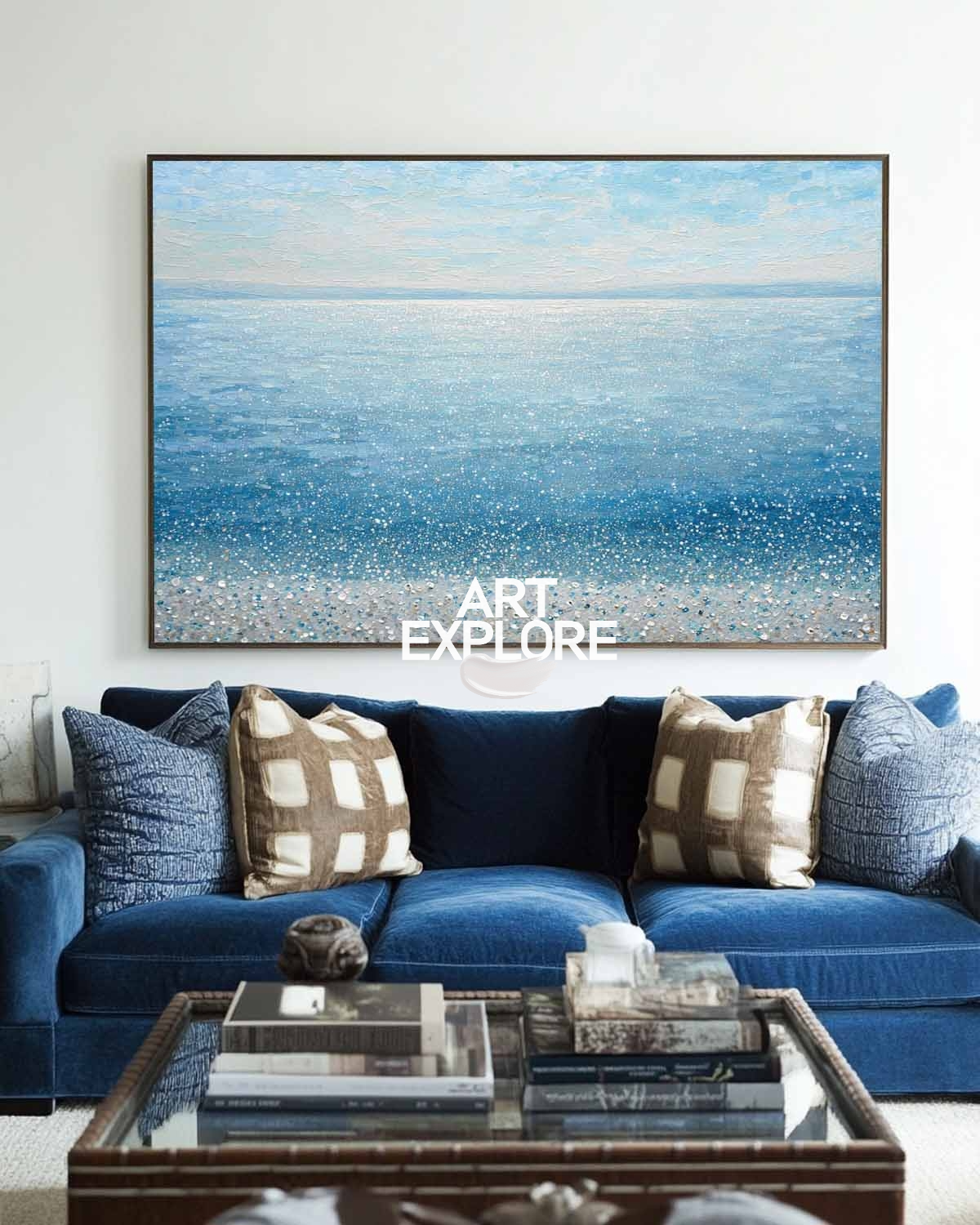 Blue Ocean Horizon Canvas Texture Painting for Large Wall Decor | ArtExplore