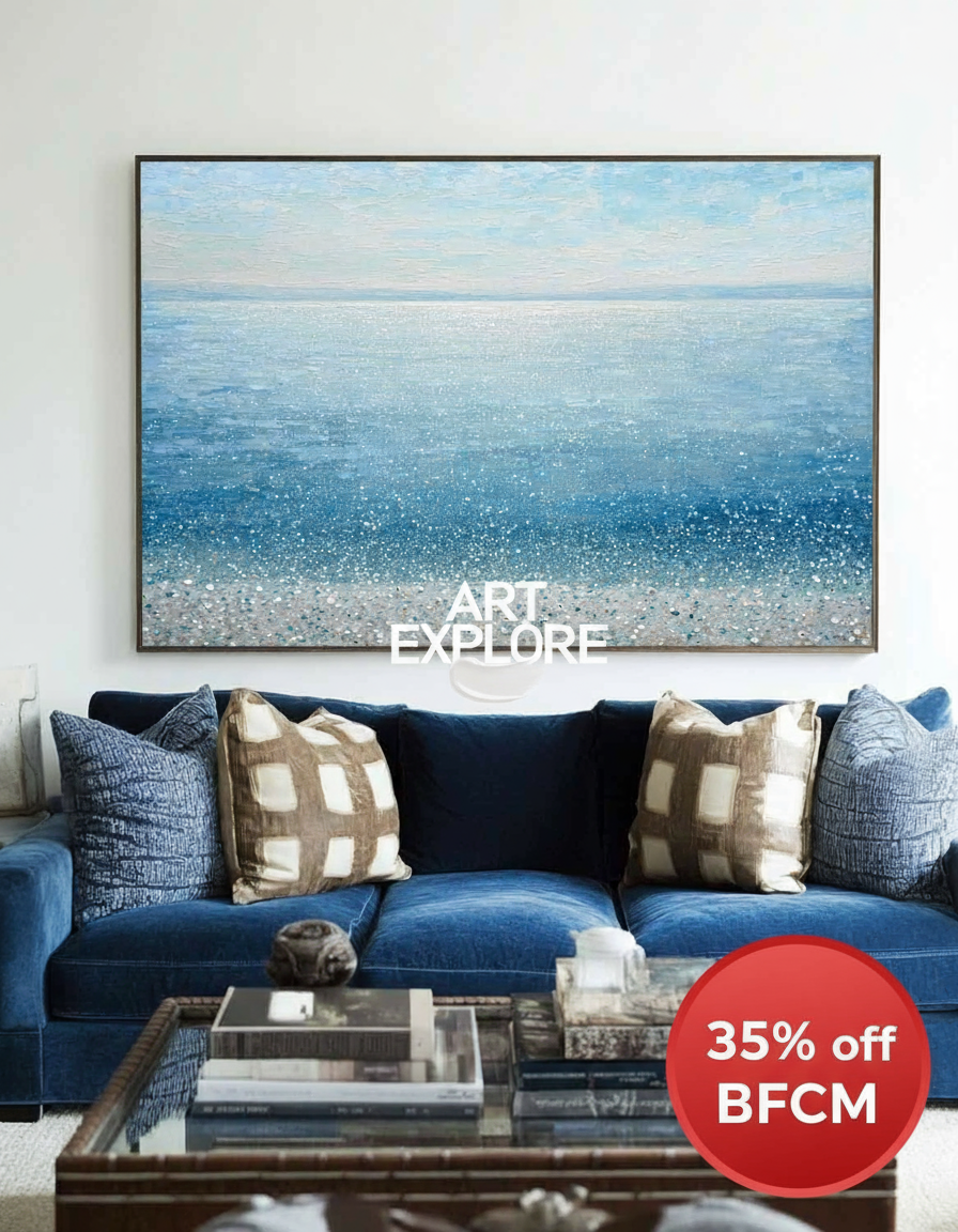 Blue Ocean Horizon Canvas Texture Painting for Large Wall Decor | ArtExplore