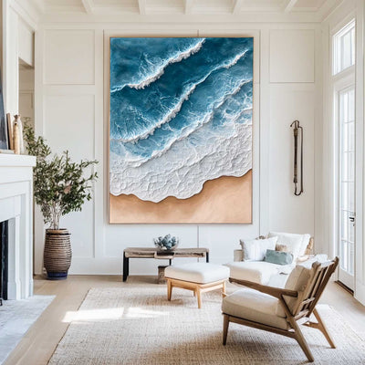 Large Blue Ocean Wave Paintings Rich Texture Blue Sea Wall Art Handmade Sea Wave Wall Art For Sale