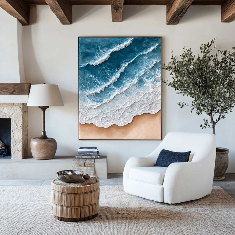 Large Blue Ocean Wave Paintings Rich Texture Blue Sea Wall Art Handmade Sea Wave Wall Art For Sale